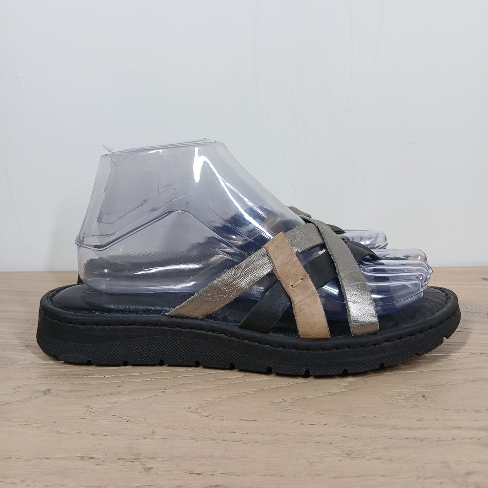 Born Leather Sandals Womens 7/38 Black Silver Tan Multi Strap Comfort Slides - Picture 4 of 11